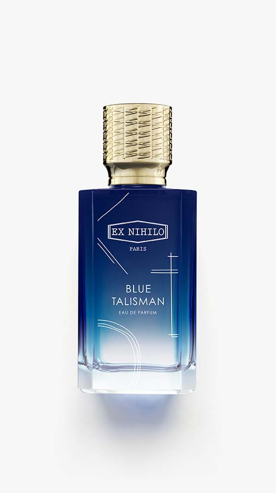 Blue Talisman fragrance bottle, a woody scent with ginger, musks, and ambery notes. Available at Indiehouse perfume store Atlanta.